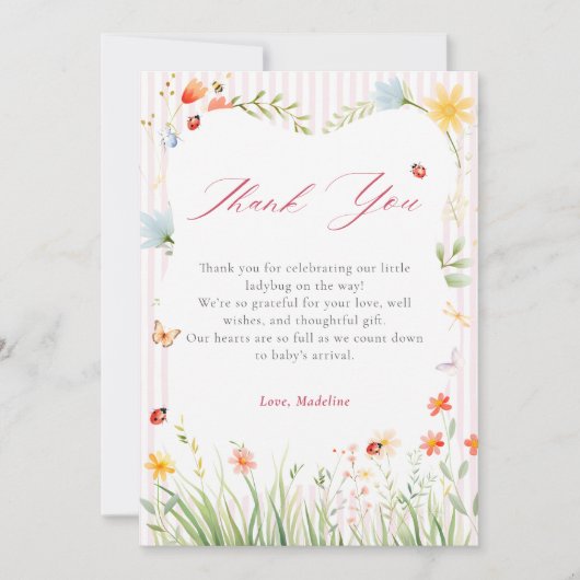 Ladybug Floral Garden Spring Baby Shower  サンキューカード (正面)