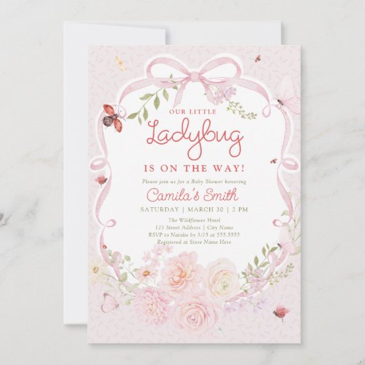 Ladybug Floral Girl Baby Shower Invitation 招待状 (正面)
