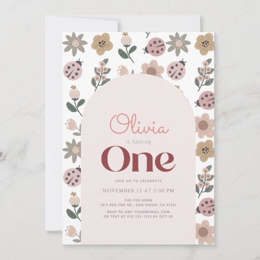 Ladybug & Flower Pattern Arch 1st誕生日 招待状 (正面)