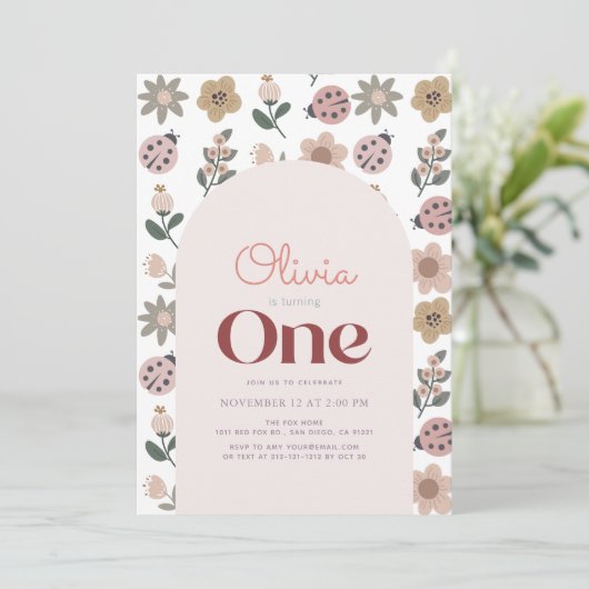 Ladybug & Flower Pattern Arch 1st誕生日 招待状 (スタンド正面)