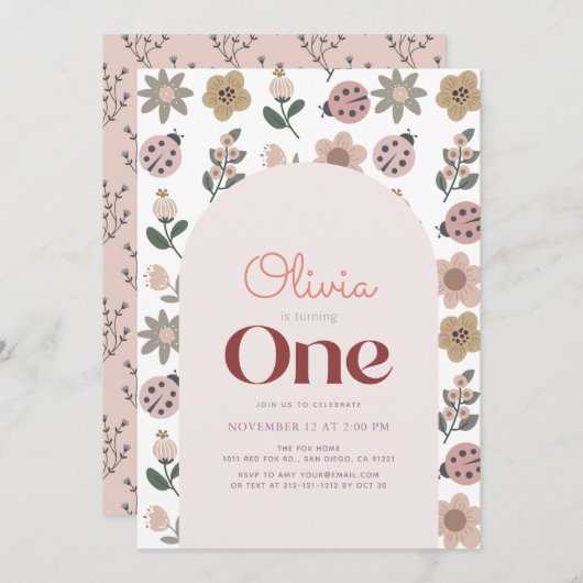 Ladybug & Flower Pattern Arch 1st誕生日 招待状 (正面/裏面)