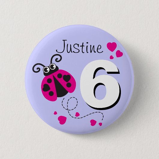 Ladybug girls 6th birthday name pink purple button 缶バッジ (正面)