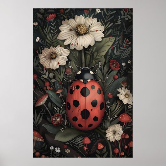 Ladybug In Dark Flower Garden Print, Moody Bug ポスター (正面)
