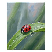 Ladybug on a Dewy Leaf – Nature Art Print ポスター (正面)