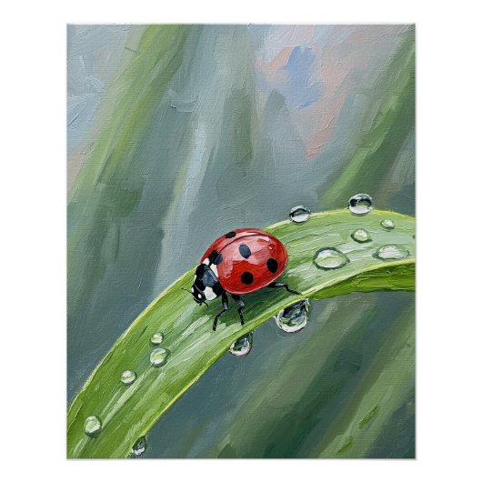 Ladybug on a Dewy Leaf – Nature Art Print ポスター (正面)