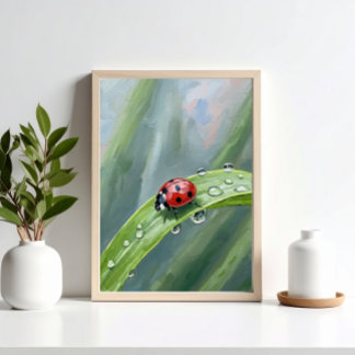 Ladybug on a Dewy Leaf – Nature Art Print ポスター