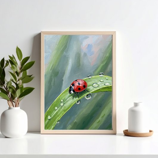 Ladybug on a Dewy Leaf – Nature Art Print ポスター