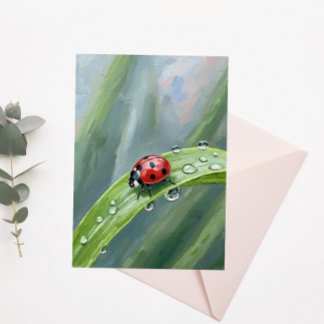 Ladybug on a Dewy Leaf – Nature Postcard ポストカード