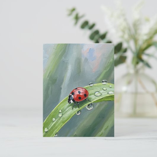 Ladybug on a Dewy Leaf – Nature Postcard ポストカード (スタンド正面)