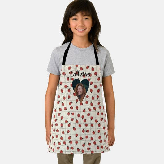 Ladybug Pattern Custom Photo & Name on Cream White エプロン (インサイチュ)