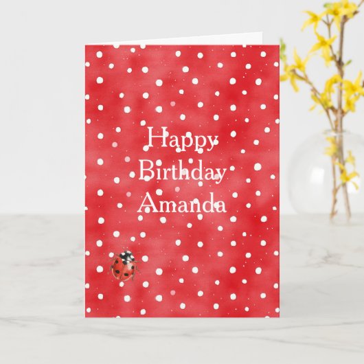 Ladybug Red White Dots Birthday カード (黄色い花)