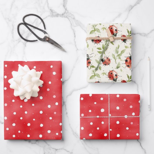 Ladybug Red White Dots Birthday ラッピングペーパーシート (正面)