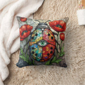 Ladybug stained glass vibrant poppy flower insect  クッション (ブランケット)