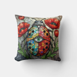 Ladybug stained glass vibrant poppy flower insect クッション