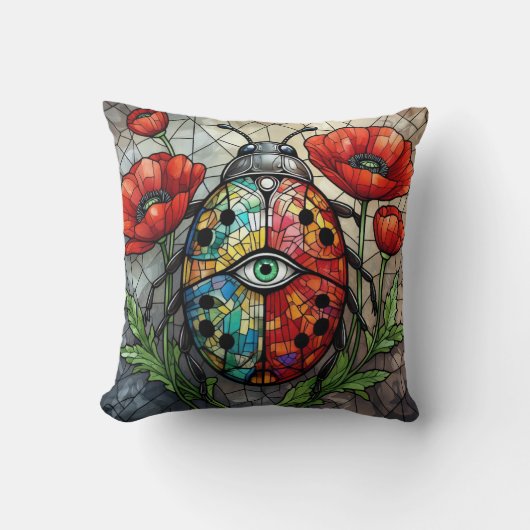 Ladybug stained glass vibrant poppy flower insect  クッション (正面)