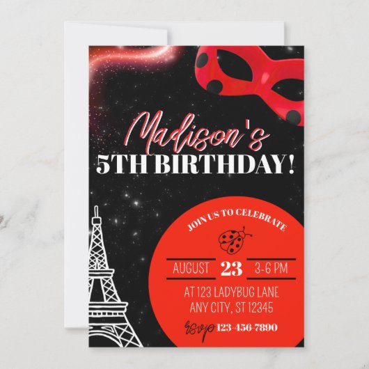 Ladybug Superhero Birthday Invitation カード (正面)