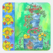 Ladybugsヒマワリ水色の花のバケツ スクエアシール (正面)