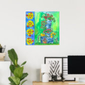 Ladybugsヒマワリ赤いバラ水彩花 ポスター (ホームオフィス)