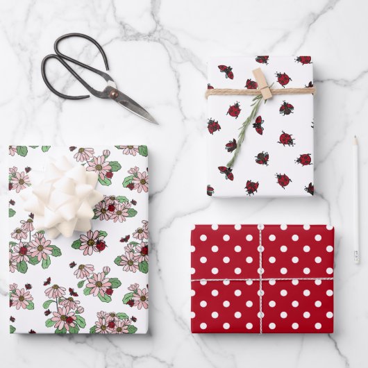 Ladybugsピンクデイジー水玉模様混合パターン ラッピングペーパーシート (正面)