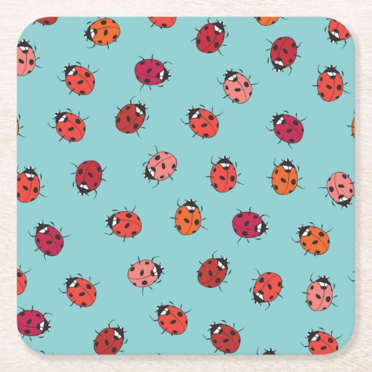Ladybugs、青い背景、シームレス魅力的なパターン スクエアペーパーコースター (正面)