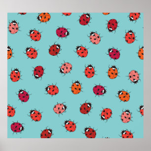 Ladybugs、青い背景、シームレス魅力的なパターン ポスター