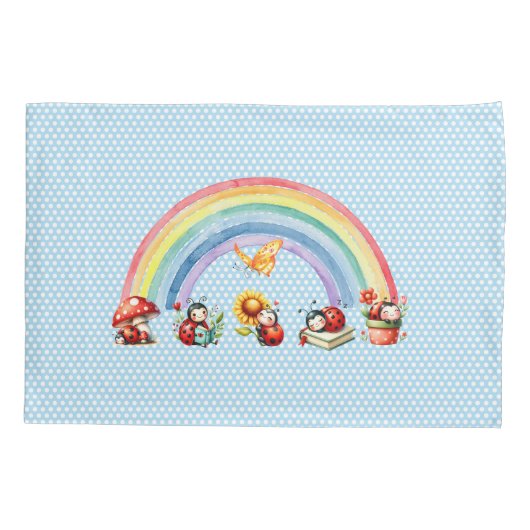 Ladybugs and Rainbow Blue Dot Kids Pillowcase 枕カバー (裏面)