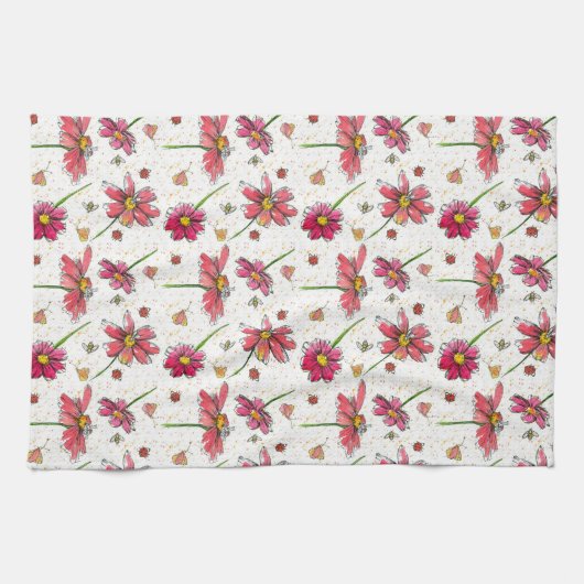 Ladybugs Bees水色の花 キッチンタオル (横)