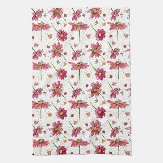 Ladybugs Bees水色の花 キッチンタオル (縦)