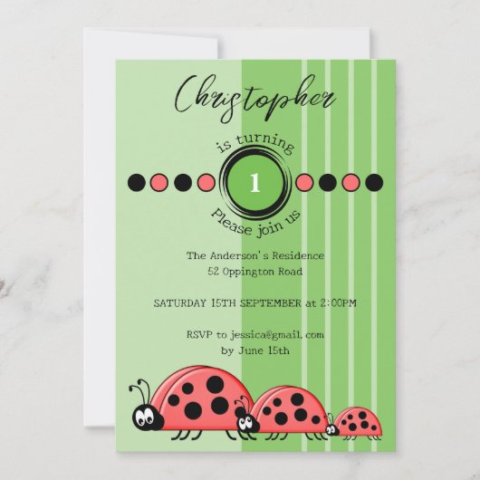 Ladybugs name turning 1赤い緑の1番目の誕生日 招待状 (正面)