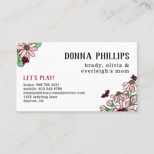 Ladybugs & PinkデイジーMom Calling Card 名刺 (正面)