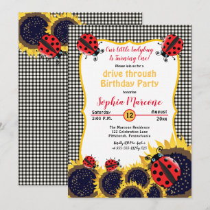 Ladybugs Sunflowers 1stドライブスルーバースデーパーティー 招待状