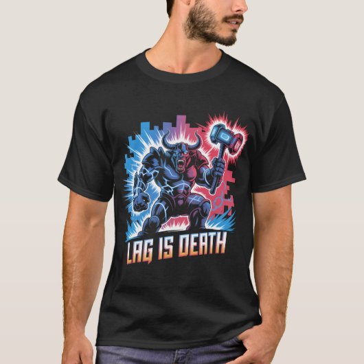 Lag Is Death Funny Gamer T-Shirt Cyberpunk Minotau Tシャツ (正面)
