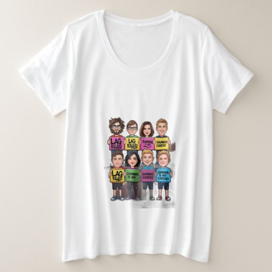 Lag Kill Me」または「Gaming is My Cardio プラスサイズTシャツ (デザイン正面)