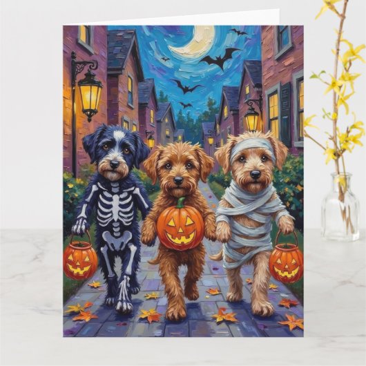 Lagotto Romagnolo Trick-or-Treating Halloween  カード (黄色い花)