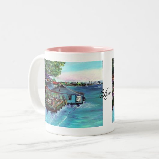 Lahaina Maui~の魚の会社の絵画 ツートーンマグカップ (正面左)