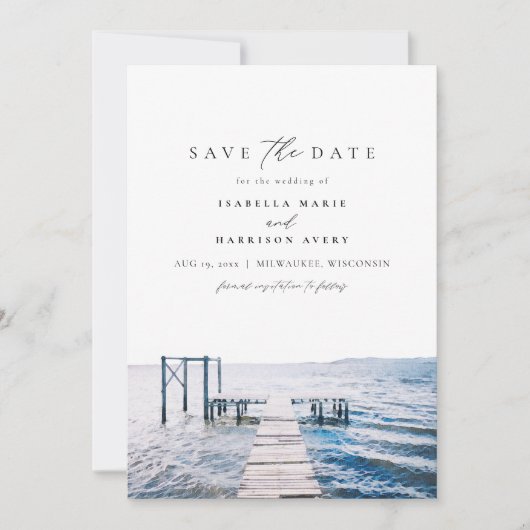 LAKEピア水の色の結婚式の日付を保存 招待状 (正面)