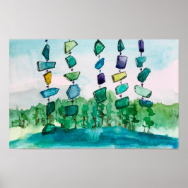 Lake Chimes Blue Glass Landscape Painting ポスター