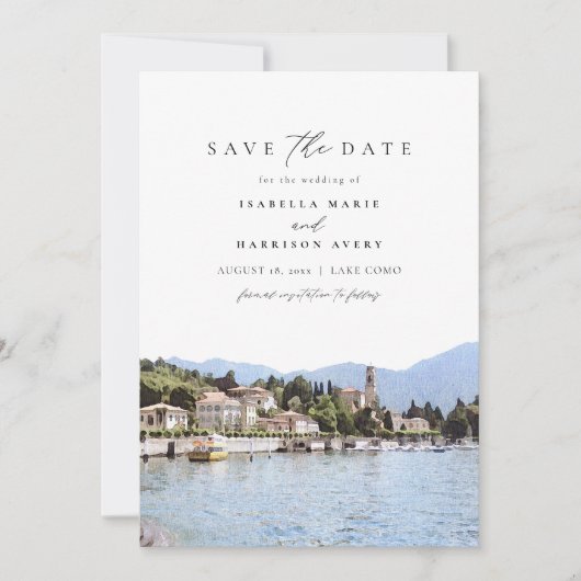 LAKE COMO水の色イタリアのスカイライン日付を保存 招待状 (正面)