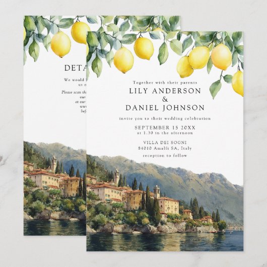 Lake Como Lemons Italian QR Code Wedding 招待状 (正面/裏面)