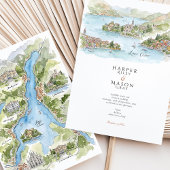 Lake Como Watercolor Panorama Map Wedding 招待状