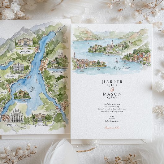 Lake Como Watercolor Panorama Map Wedding 招待状