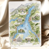 Lake Como Watercolor Panorama Map Wedding 招待状