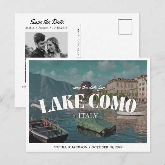 Lake Como Wedding Save the Date Retro Destination ポストカード (正面/裏面)