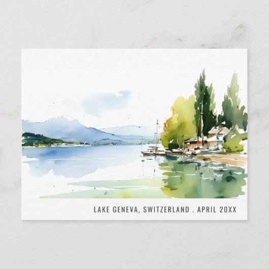 Lake Geneva Switzerland Watercolor Scape Travel シーズンポストカード (正面)