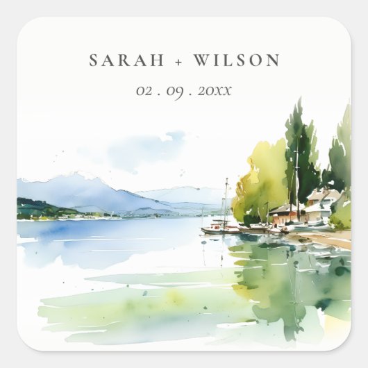 Lake Geneva Switzerland Watercolor Scape Wedding スクエアシール (正面)