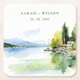 Lake Geneva Switzerland Watercolor Scape Wedding スクエアペーパーコースター