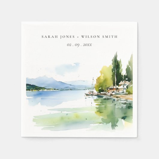 Lake Geneva Switzerland Watercolor Scape Wedding スタンダードカクテルナプキン (正面)