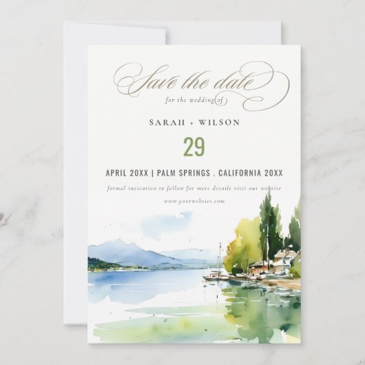 Lake Geneva Switzerland Watercolor Scape Wedding セーブザデート (正面)