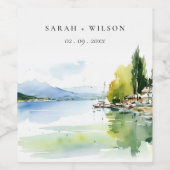 Lake Geneva Switzerland Watercolor Scape Wedding ワインラベル (シングルラベル)