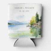 Lake Geneva Switzerland Watercolor Scape Wedding 缶クーラー (正面)